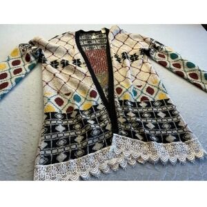 BKE Vintage Y2K Cardigan‎ Sweater Lace Trim Geometric Boho Multi Color Small